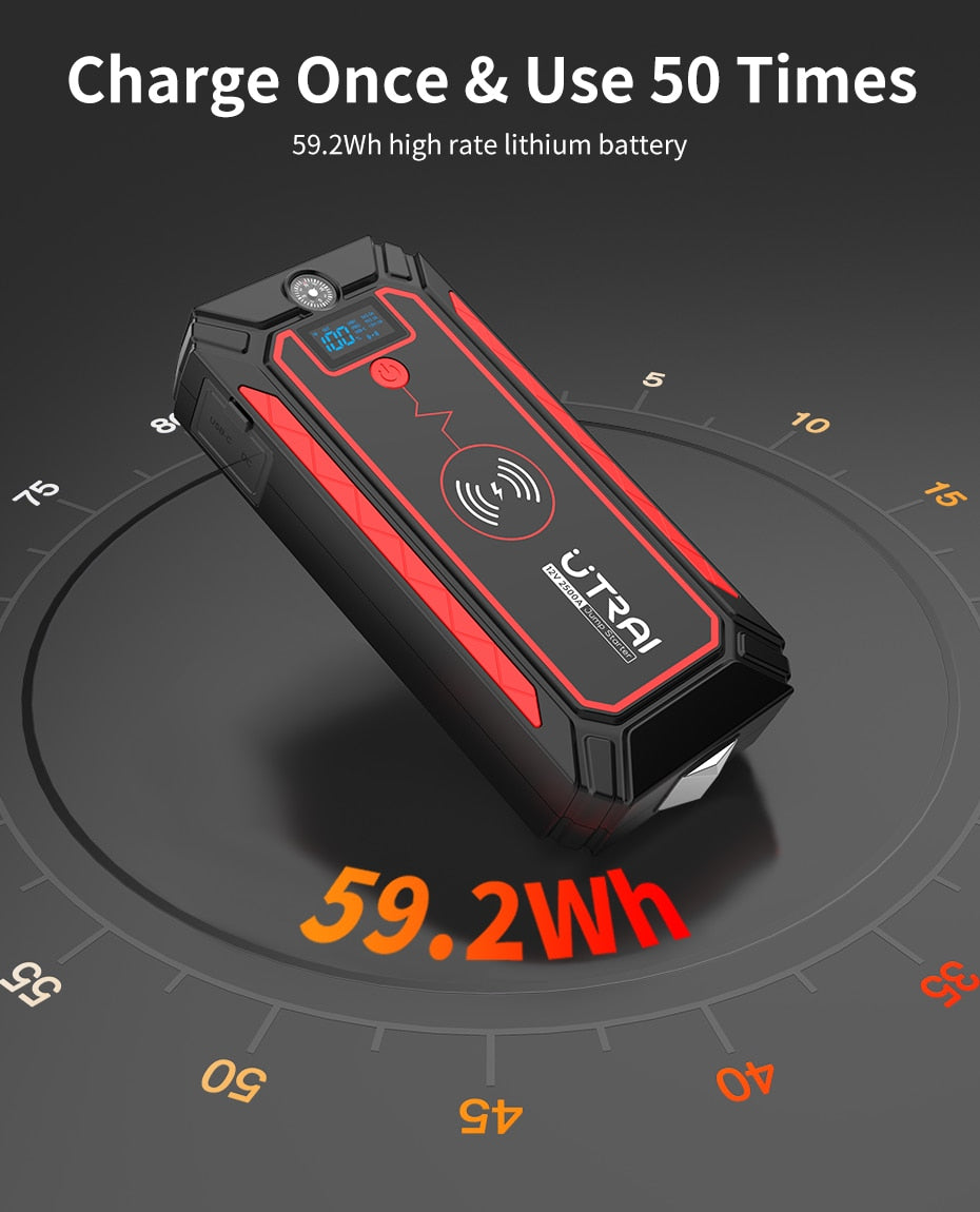 UTRAI Jump Starter Power Bank Battery Portable Charger 10W Wireless Charging LCD Screen Safety Hammer Car Starter