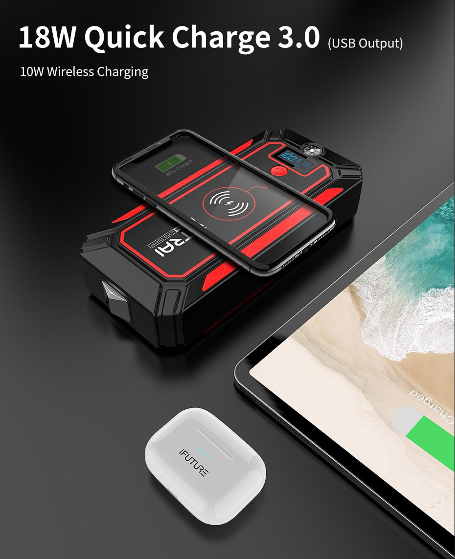 UTRAI Jump Starter Power Bank Battery Portable Charger 10W Wireless Charging LCD Screen Safety Hammer Car Starter