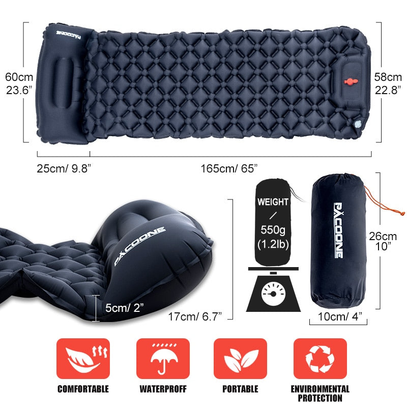 PACOONE Outdoor Camping Sleeping Pad Inflatable Mattress with Built-in Inflator Pump