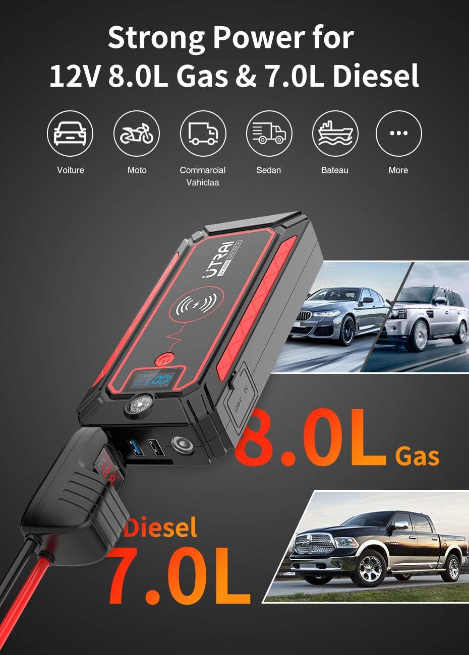 UTRAI Jump Starter Power Bank Battery Portable Charger 10W Wireless Charging LCD Screen Safety Hammer Car Starter